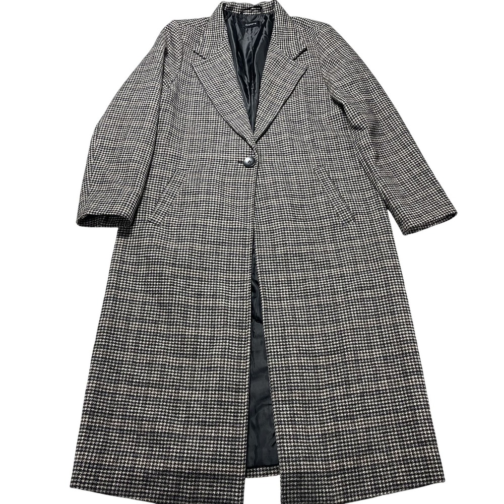EVEREVE Coat Womens Large Brown Check Tweed Long Single Breasted Lined Overcoat